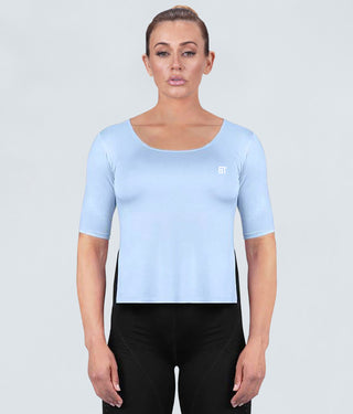 Born Tough True Form Sheer Flexible Fabric Blue Short Sleeve Gym Workout Shirt for Women